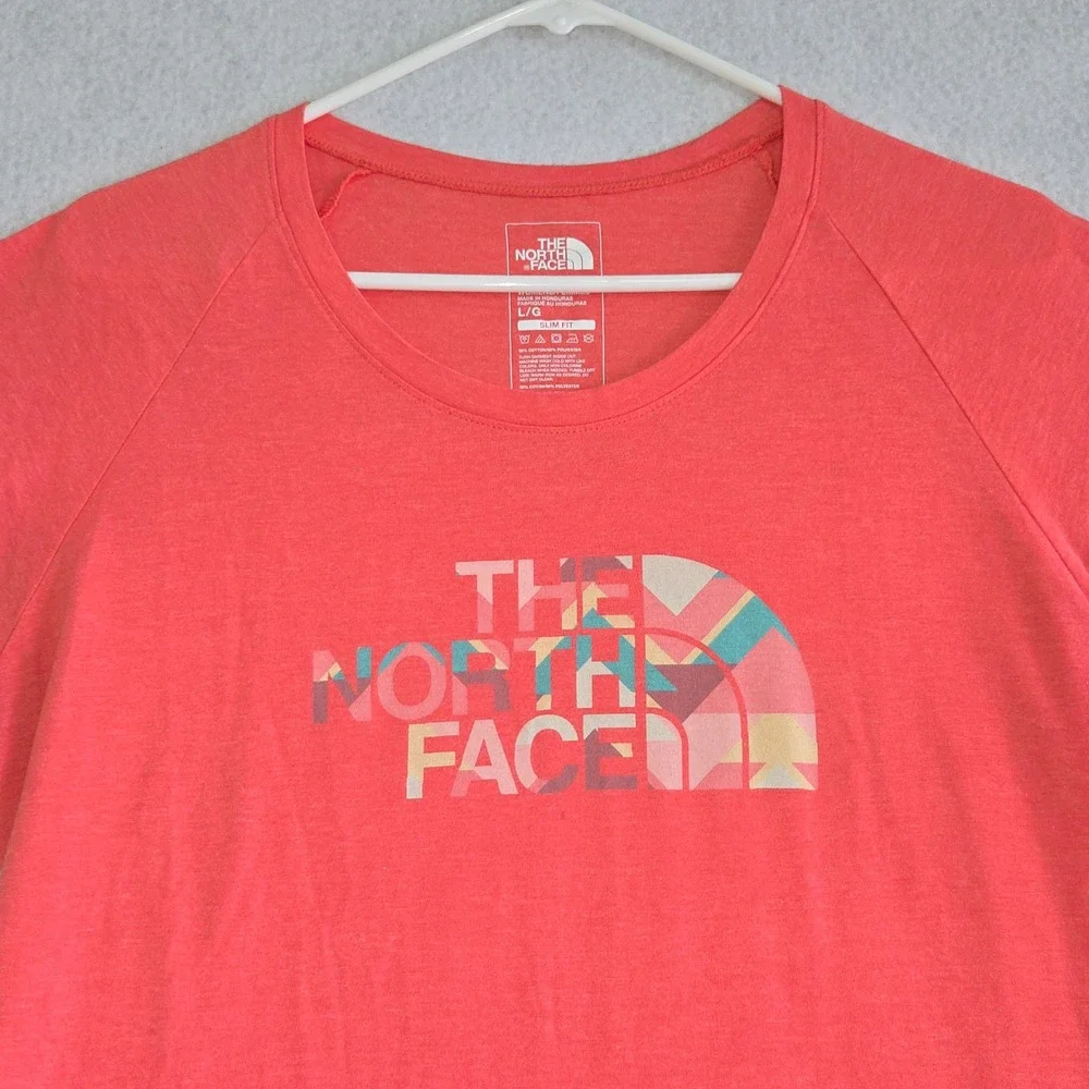 The North Face Womens Slim Fit T-Shirt Coral Heather Logo Graphic Tee Large L/G - Picture 2 of 7